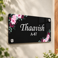 Black acrylic door name plate with pink floral border, Thauvish A-87, 4 silver corner screws