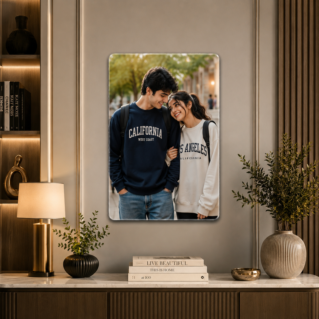 Acrylic wall photo frame mounted indoors, portrait photo visible