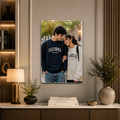 Acrylic wall photo frame mounted indoors, portrait photo visible