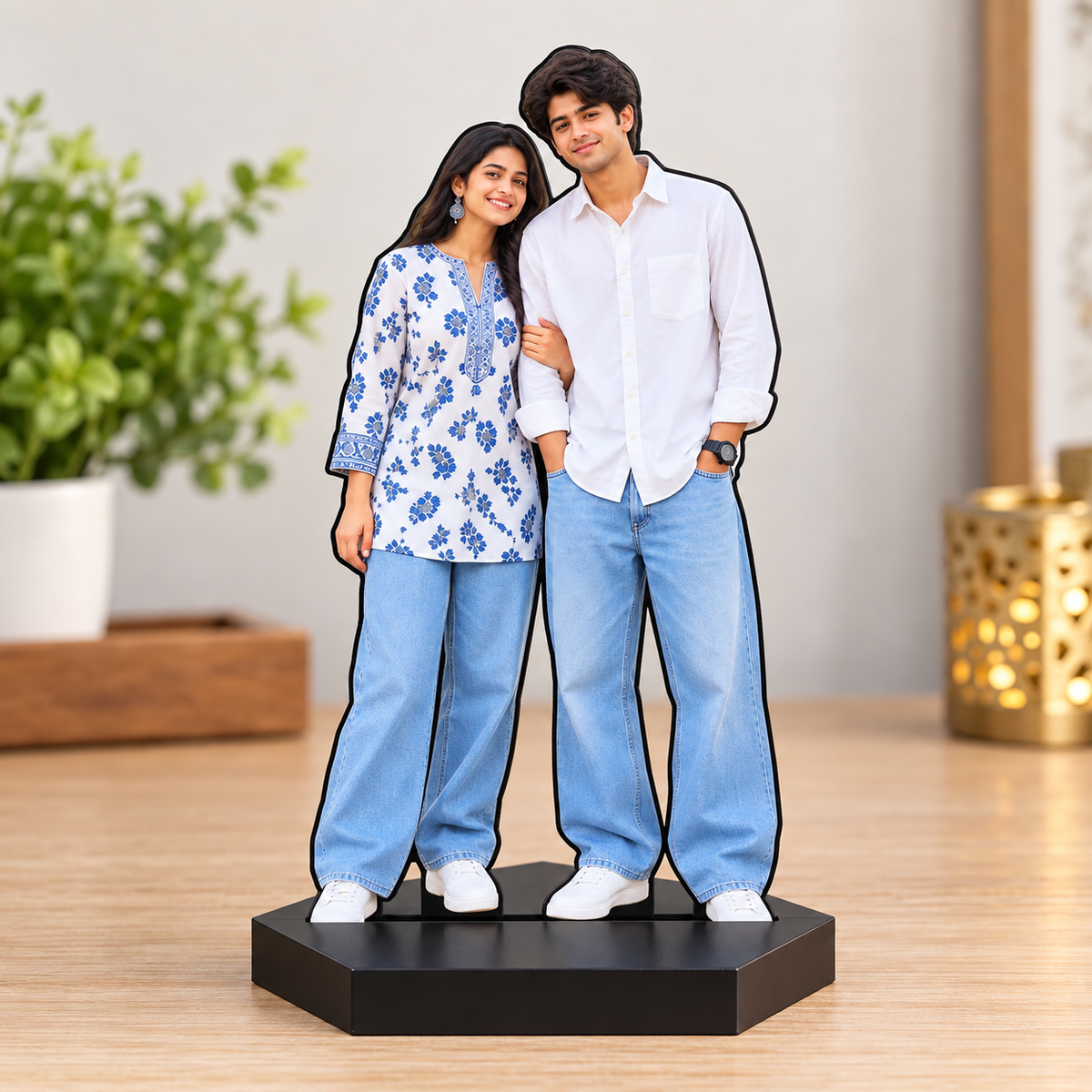 Personalized couple photo caricature display figurine on matte black hexagon base