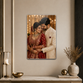 Crystal clear acrylic wall photo frame with a couple portrait inside, rounded corners.