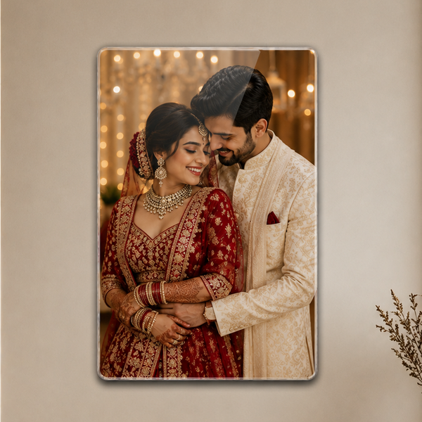 Acrylic portrait wall photo frame with rounded corners, showing a couple hugging