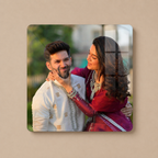 Square acrylic photo frame with rounded corners, showing a couple standing together in a photo