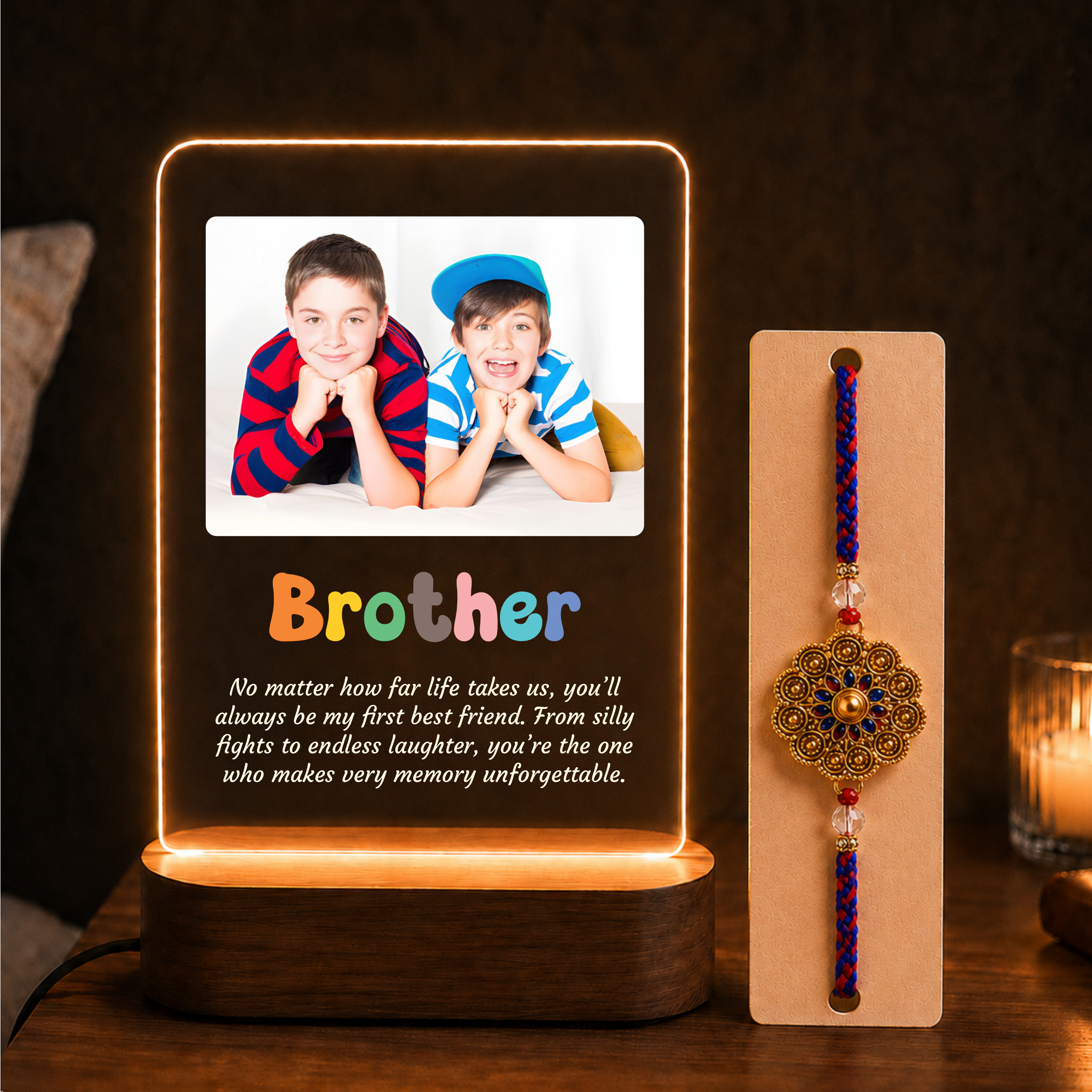 Personalized Rakhi LED Photo Frame - Brotherhood Script