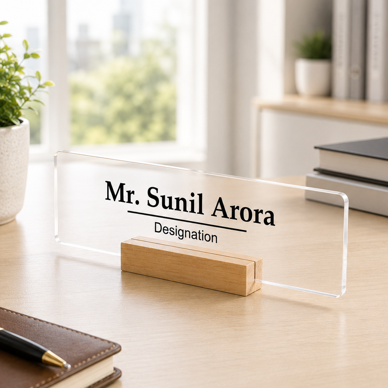 Transparent acrylic desk name plate with printed name and designation on desk