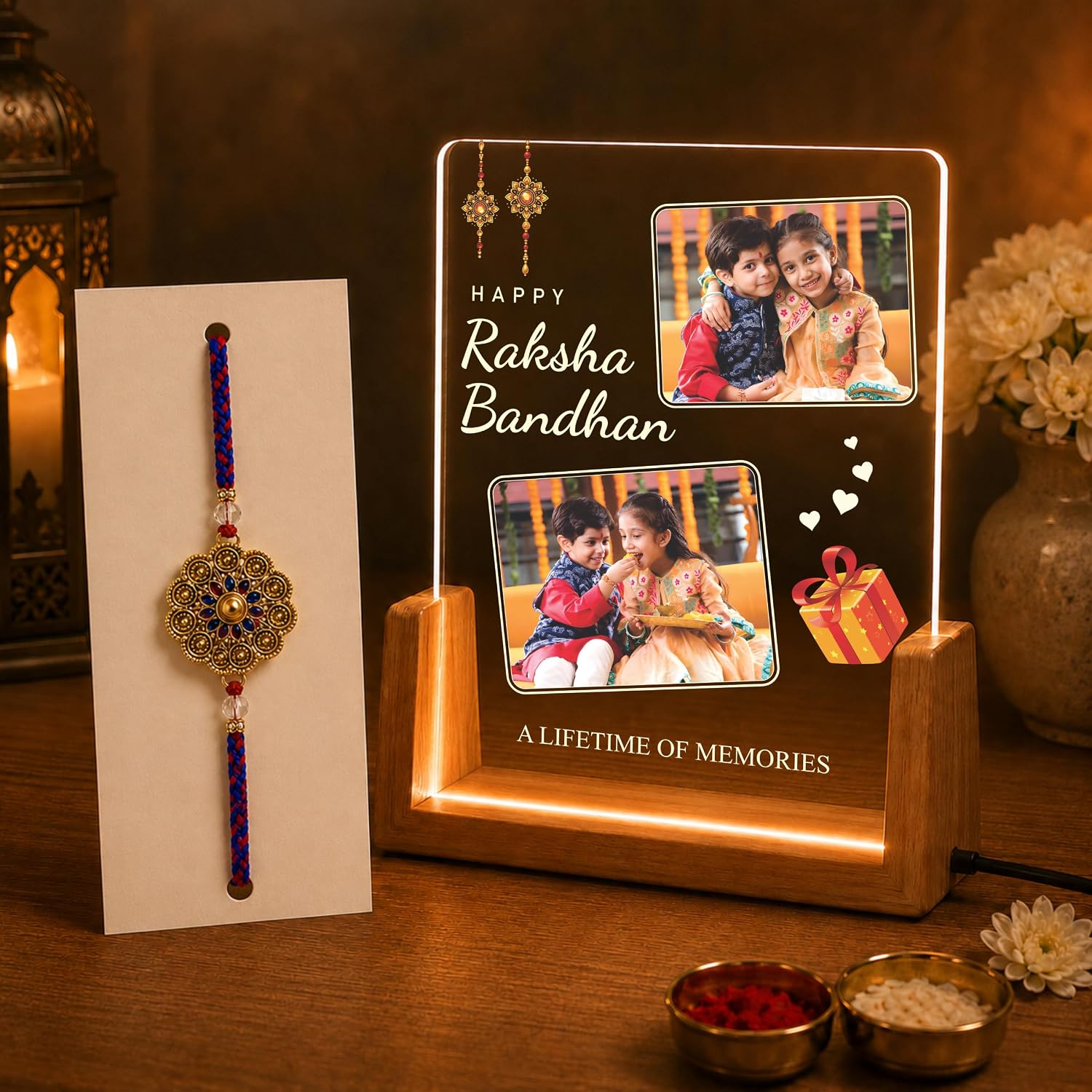 Personalized Rakhi LED Photo Frame - Flower