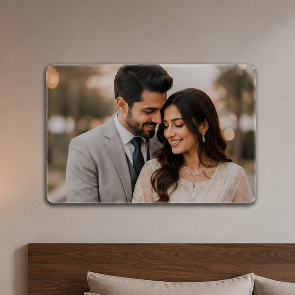 Clear acrylic photo frame with family portrait and beveled corners, wall-ready