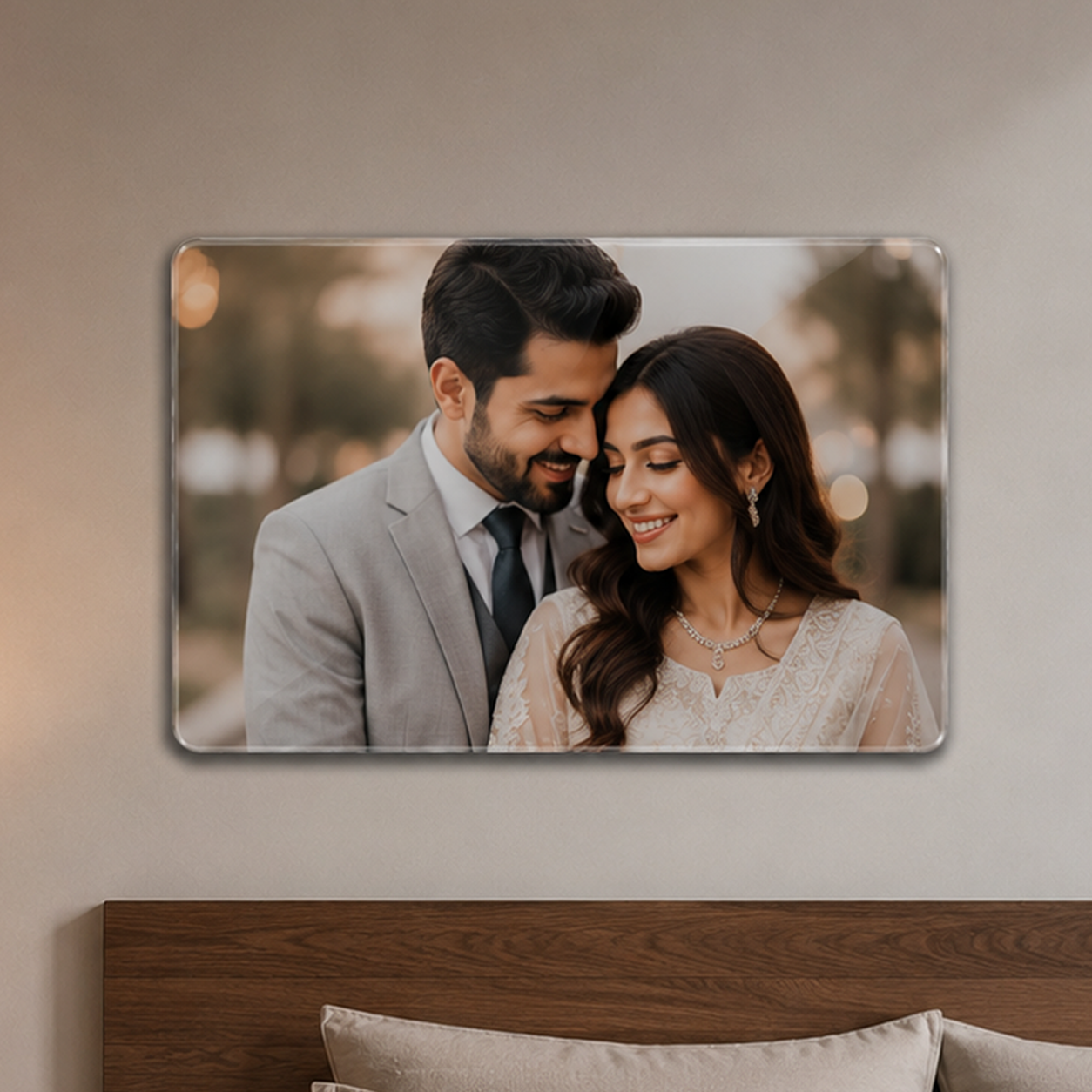 Clear acrylic photo frame with family portrait and beveled corners, wall-ready