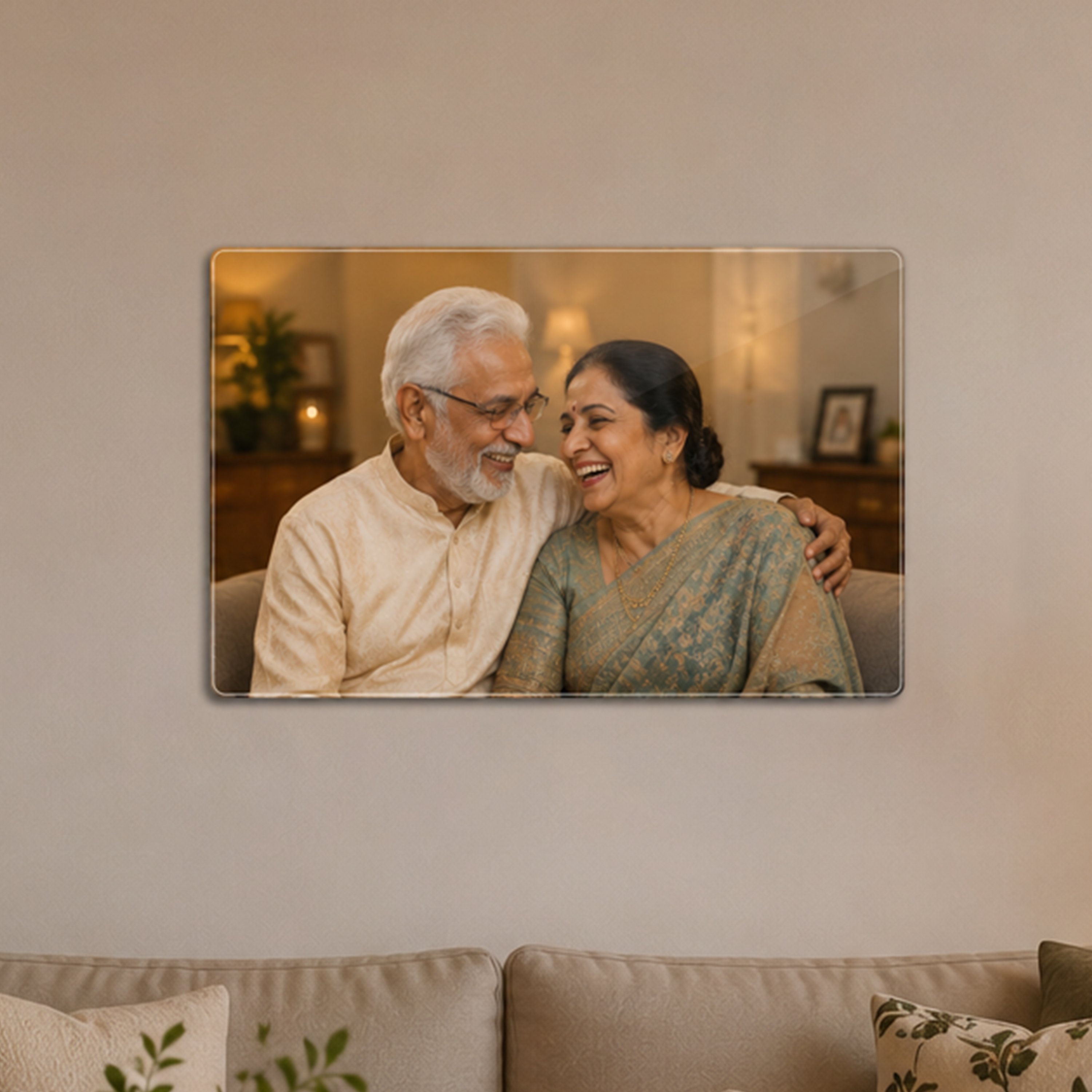 Horizontal clear acrylic photo frame displaying a smiling couple portrait