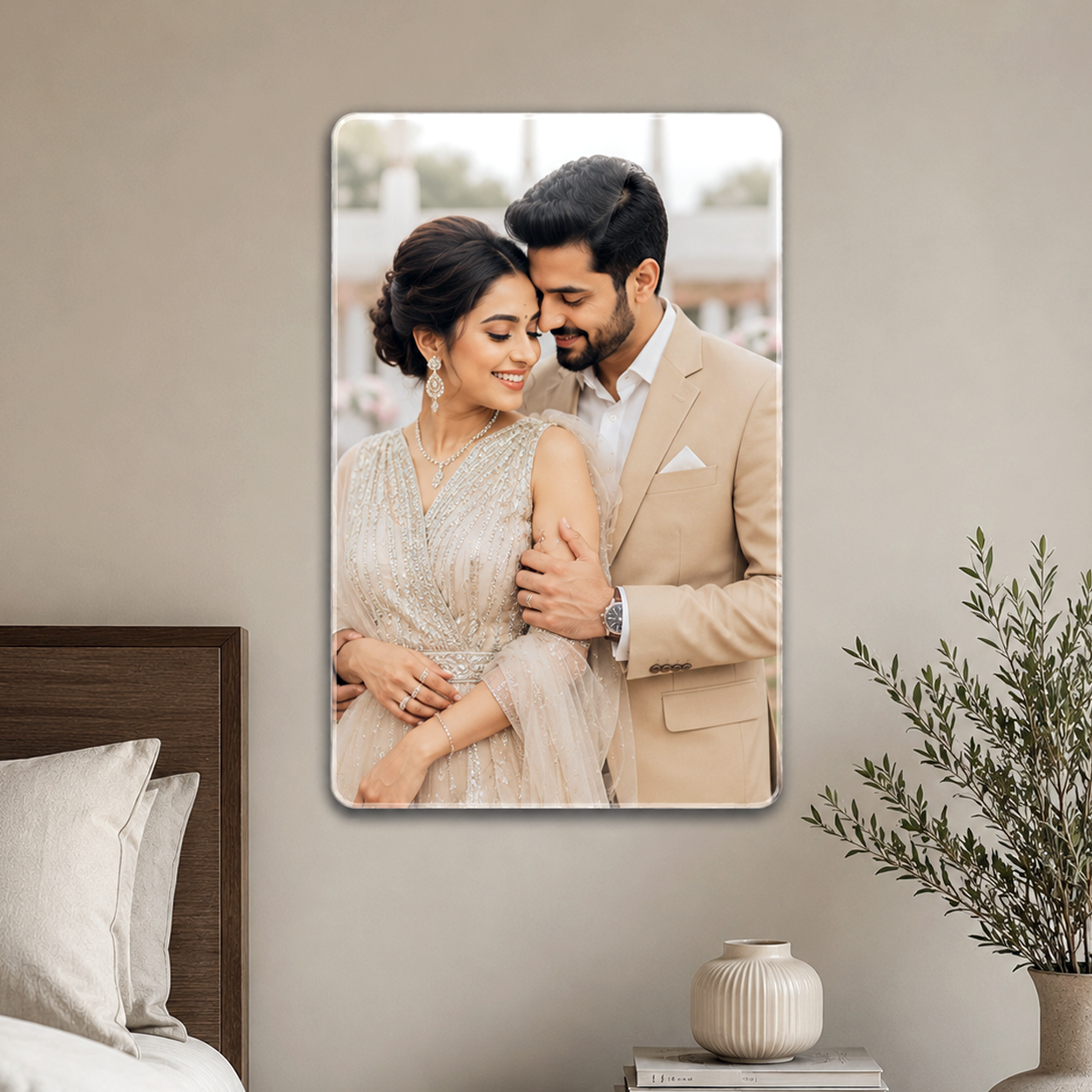 Clear acrylic wall photo frame with rounded corners, featuring a couple in wedding attire