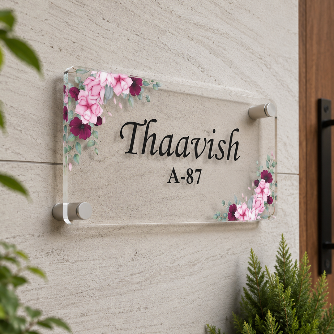 Transparent acrylic door name plate with pink floral border; Thaavvish A-87