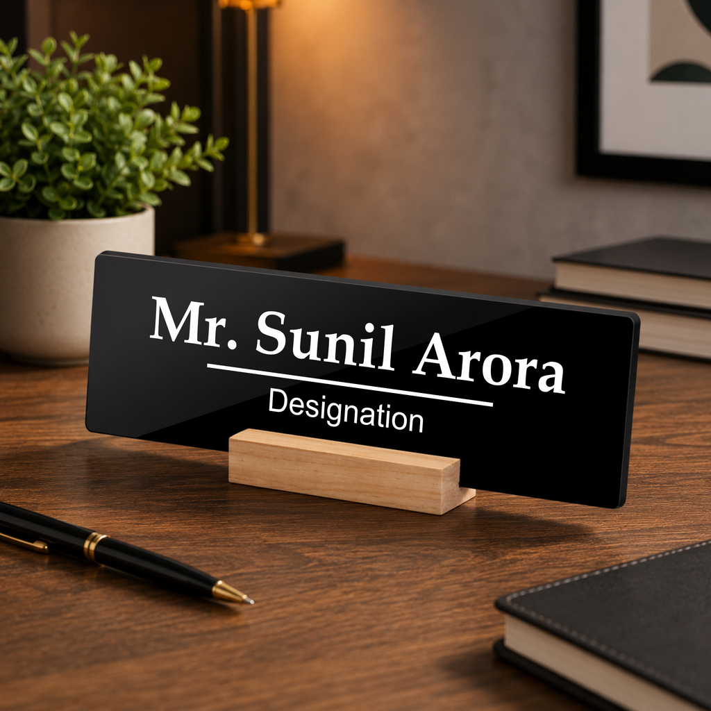 Black acrylic desk name plate showing Mr. Sunil Arora, Designation, on wooden stand