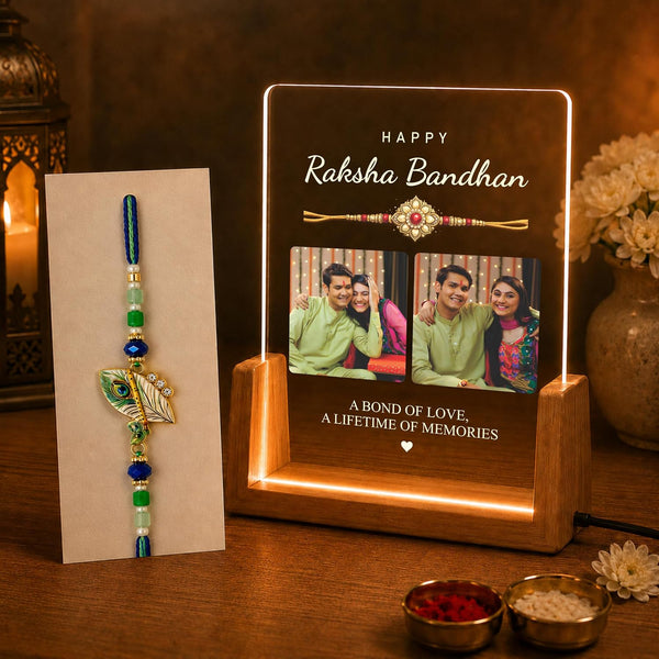 LED photo frame with Raksha Bandhan text plus a separate rakhi card with green, blue beads