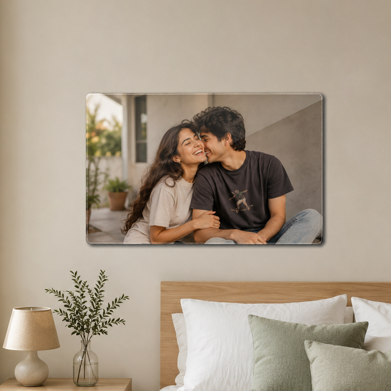 Acrylic landscape wall photo frame with couple photo, mounted above seating area