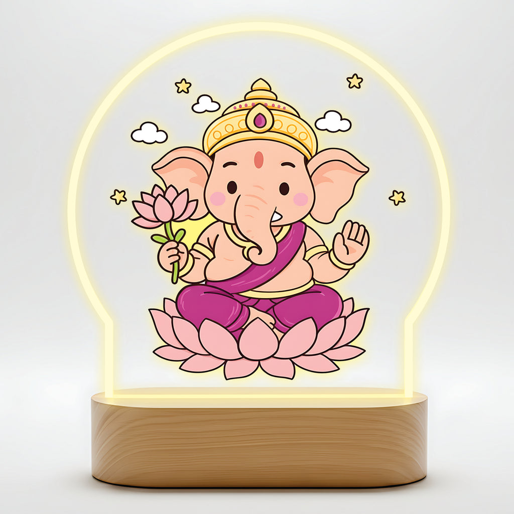 Lord Ganesha LED Table Lamp - Pink Lotus Sitting Ganesha