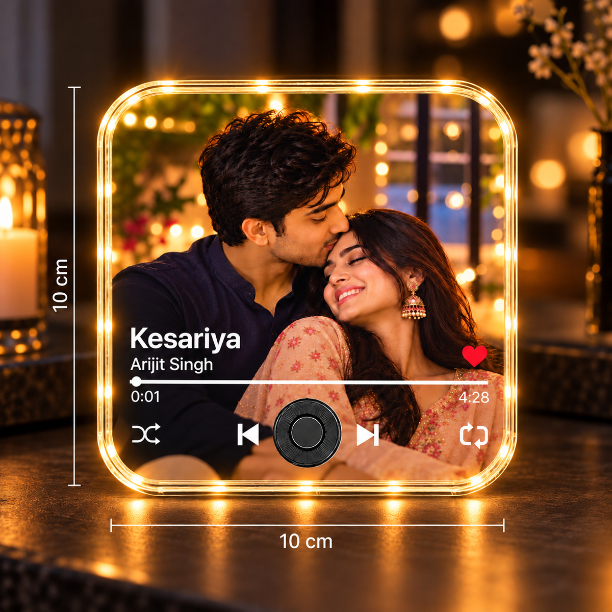 LED photo fridge magnet with glowing frame, couple photo, size 10 cm marked