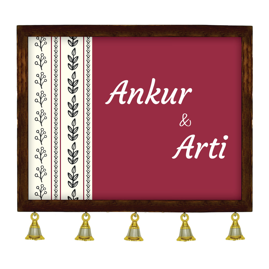 Personalized Wooden Couple Name Plate with Bells | Custom Home Entrance Board | Traditional Wall Décor