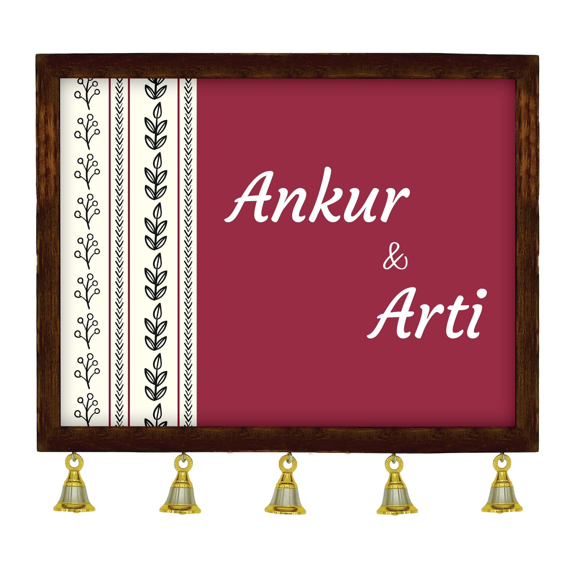 Personalized Wooden Couple Name Plate with Bells | Custom Home Entrance Board | Traditional Wall Décor