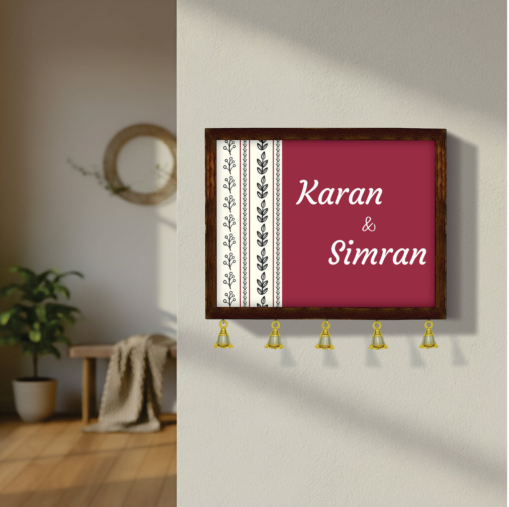 Personalized Wooden Couple Name Plate with Bells | Custom Home Entrance Board | Traditional Wall Décor
