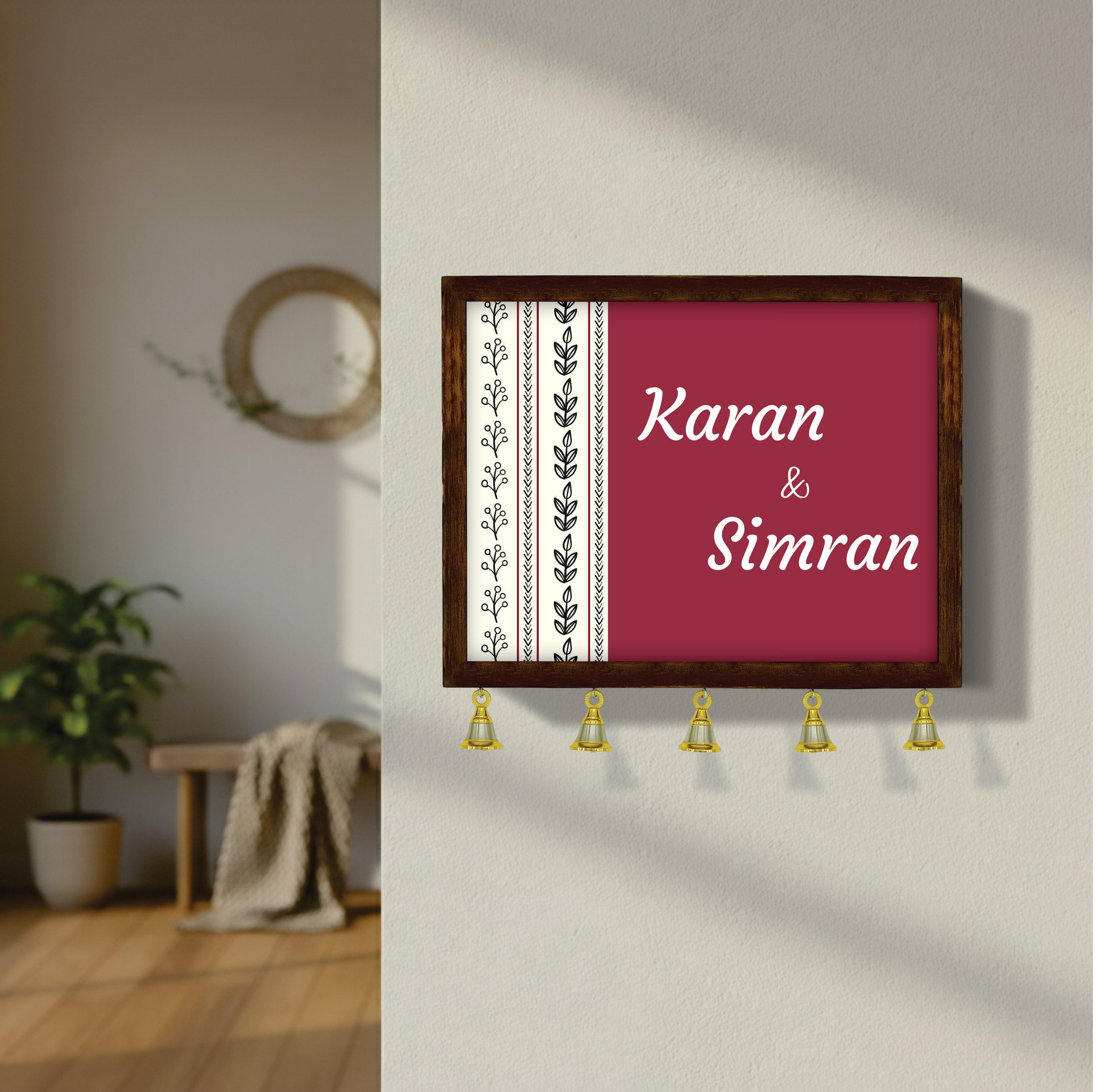 Personalized Wooden Couple Name Plate with Bells | Custom Home Entrance Board | Traditional Wall Décor