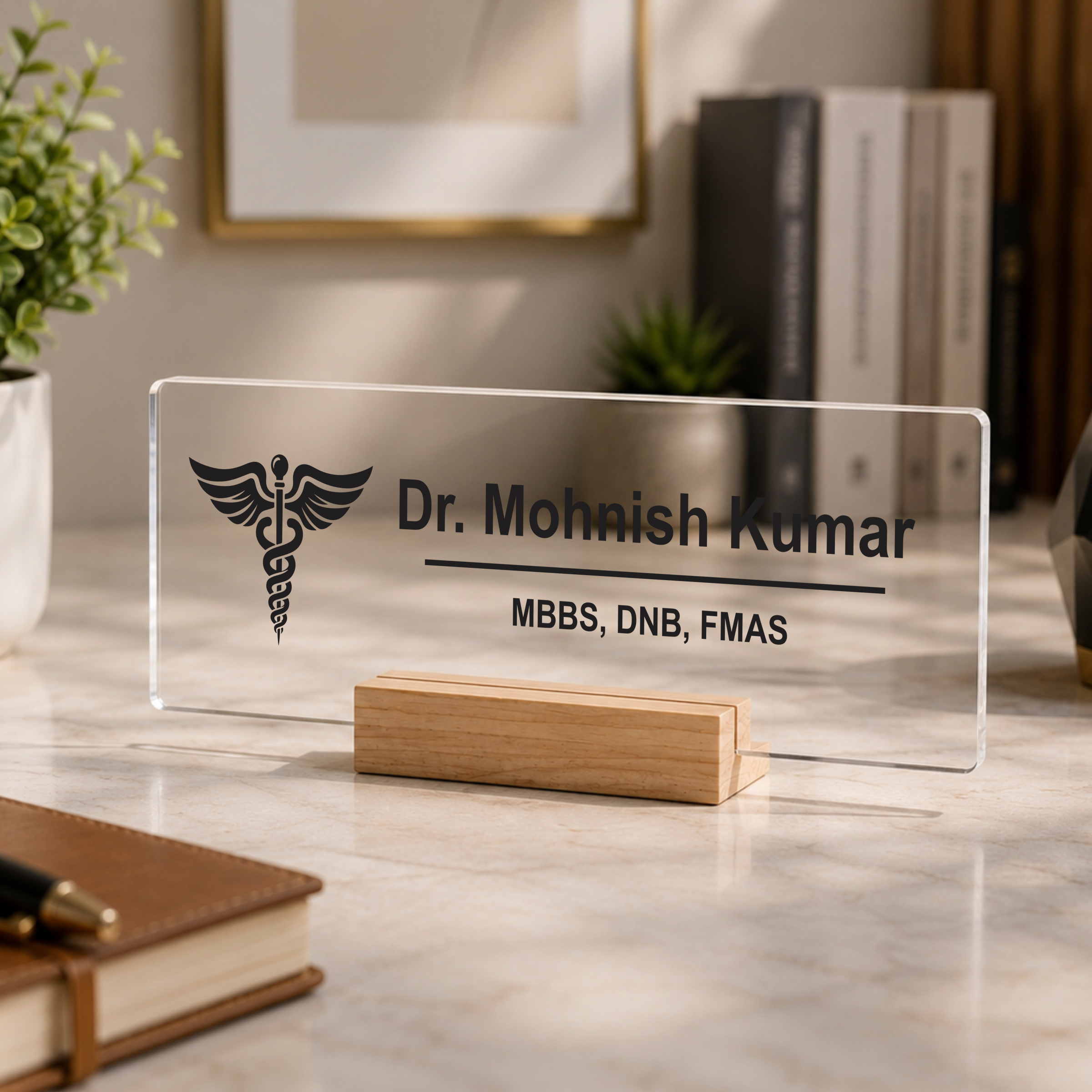 Transparent acrylic desk name plate with Dr. Mohnish Kumar and medical title, on wood stand
