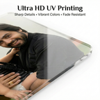 Personalized acrylic wall photo frame, glossy print with rounded corners in close-up.