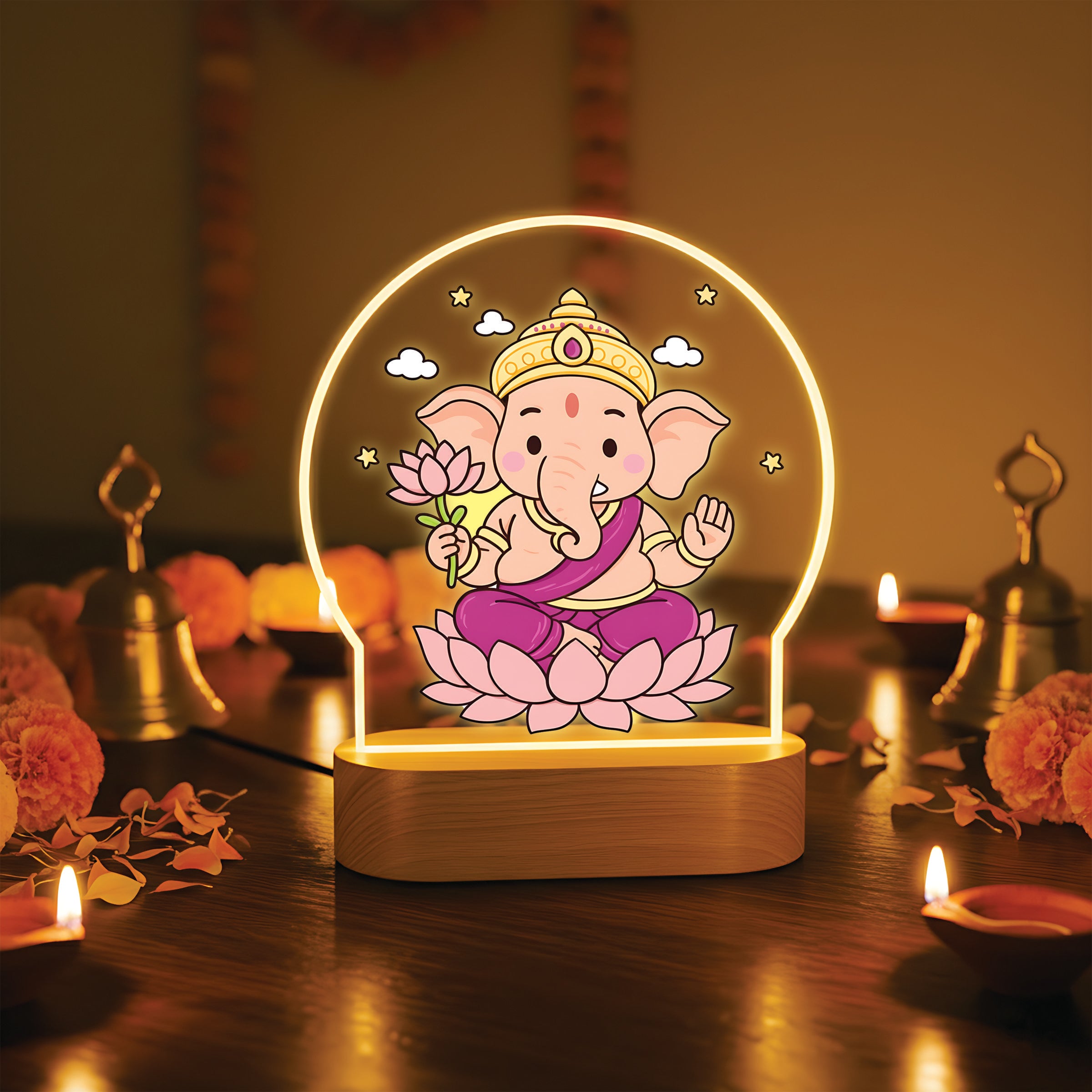 Lord Ganesha LED Table Lamp - Pink Lotus Sitting Ganesha