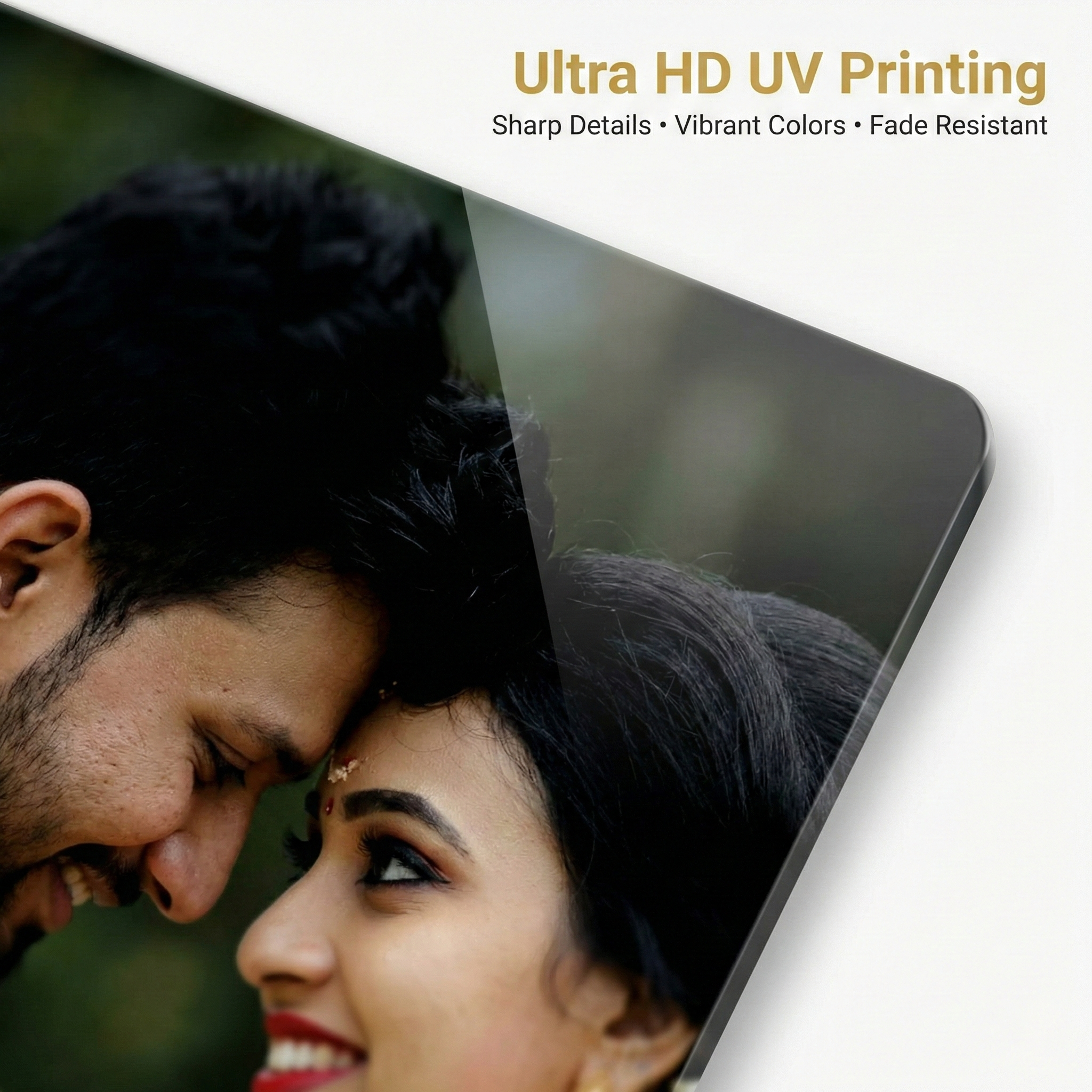 Clear acrylic photo frame close-up showing glossy surface over a portrait print
