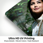 Diagonal view of clear acrylic photo frame with close-up portrait