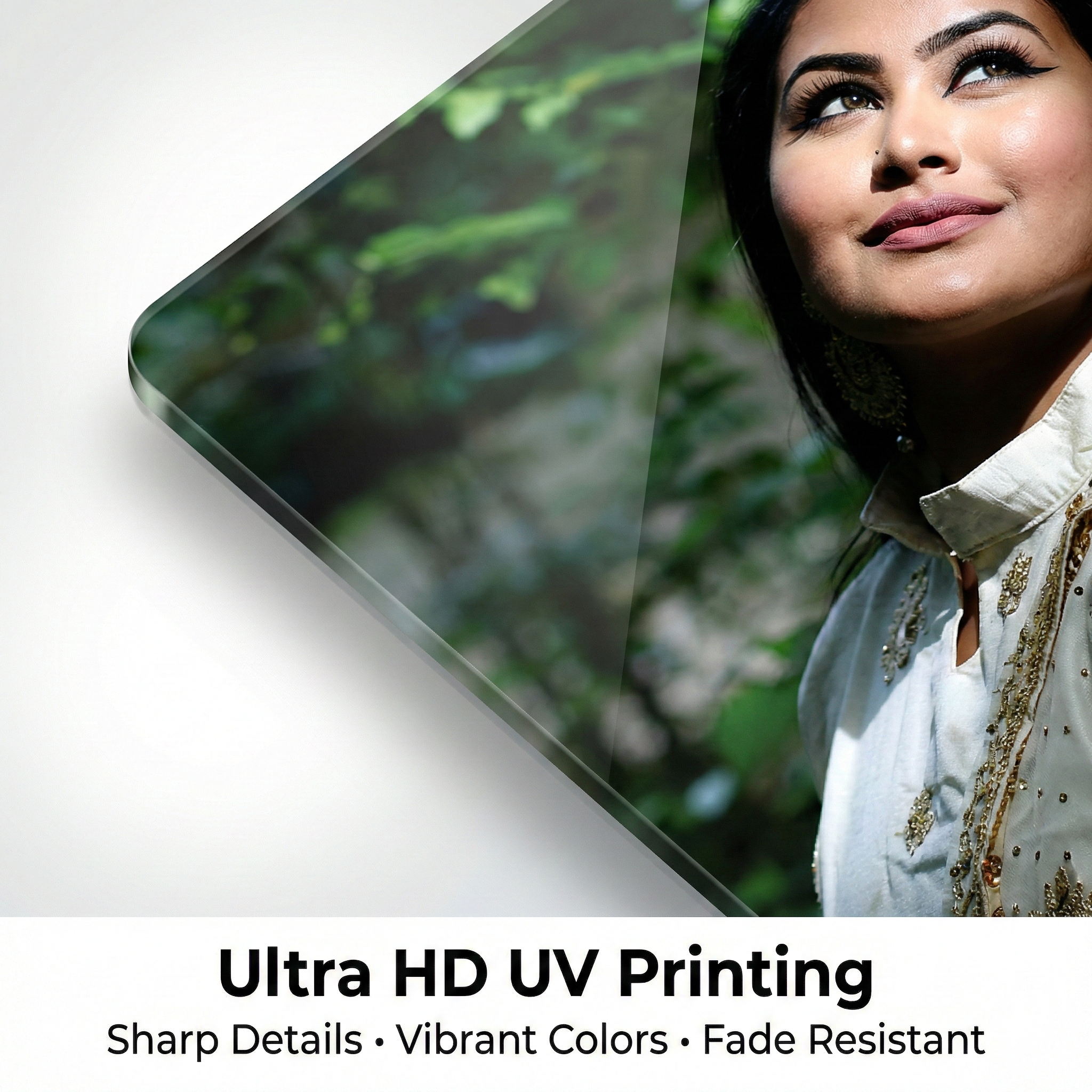 Diagonal view of clear acrylic photo frame with close-up portrait