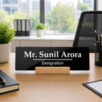 Black acrylic desk name plate with Mr. Sunil Arora and Designation, on wooden stand