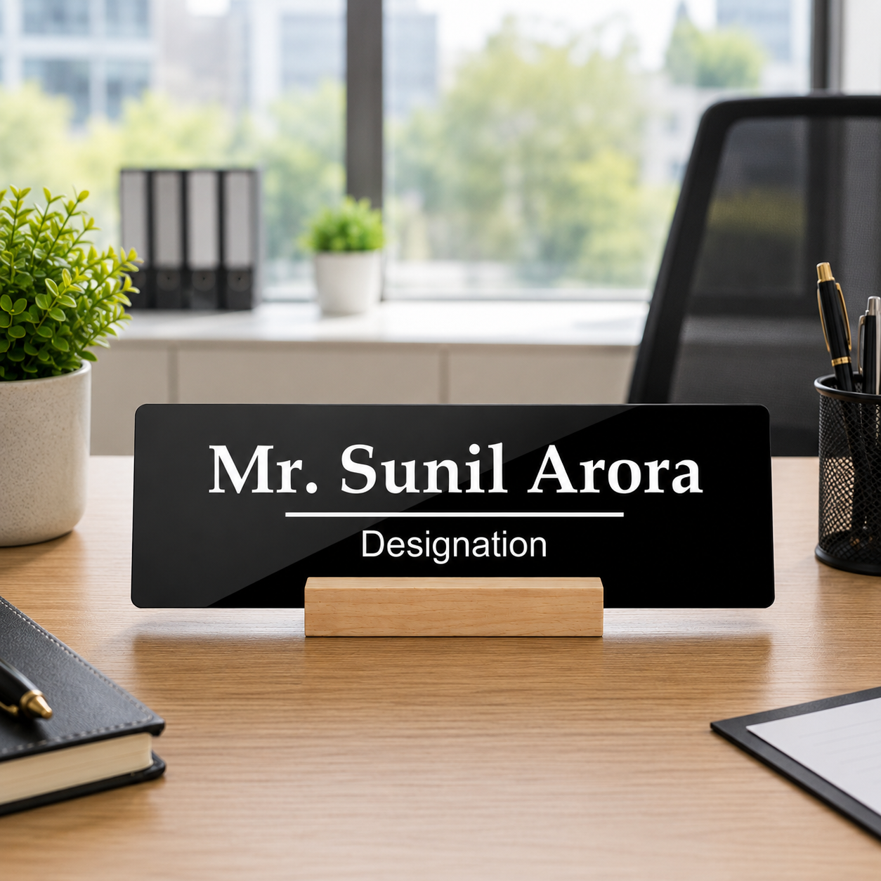 Black acrylic desk name plate with Mr. Sunil Arora and Designation, on wooden stand