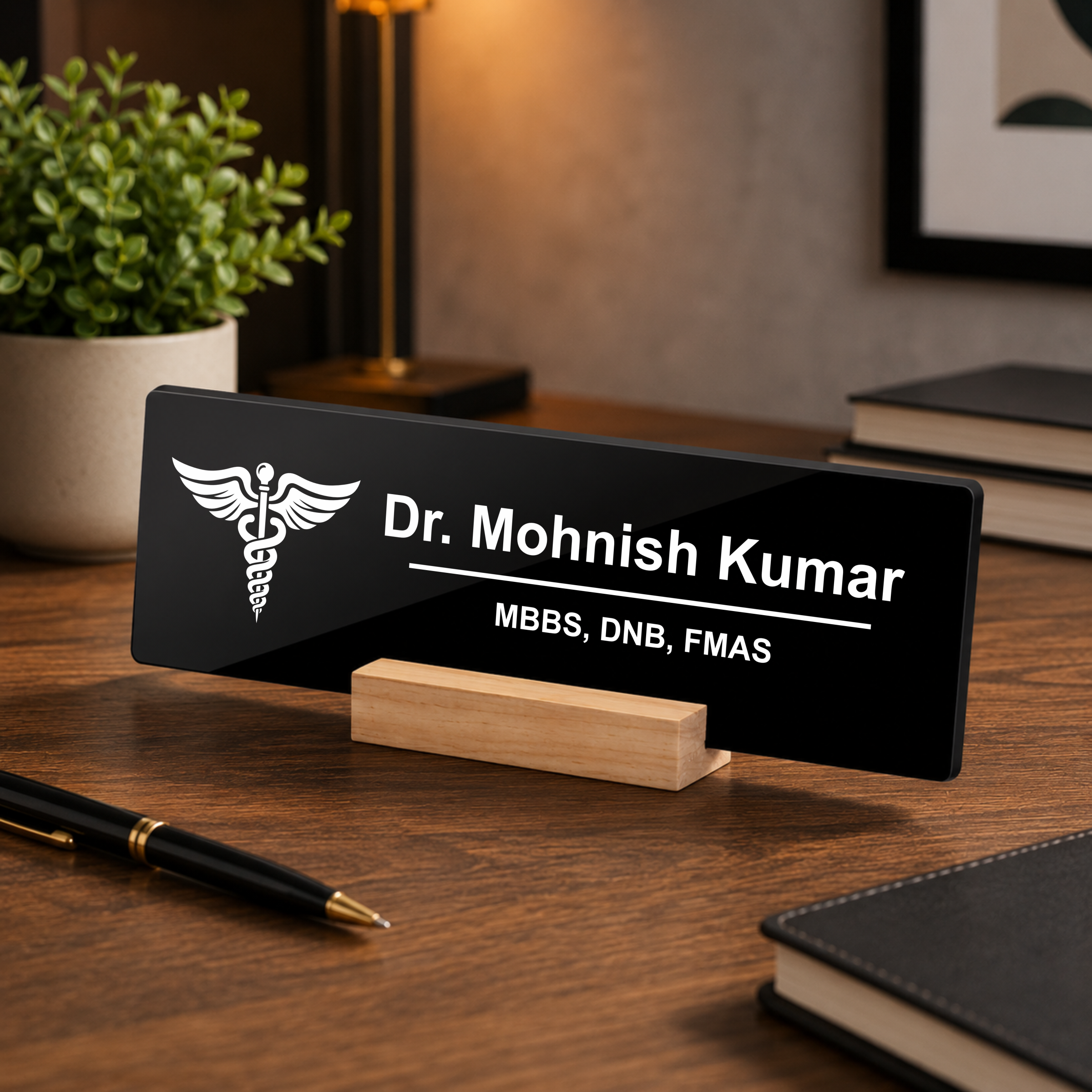 Black acrylic desk name plate with white text, caduceus logo, and wooden stand