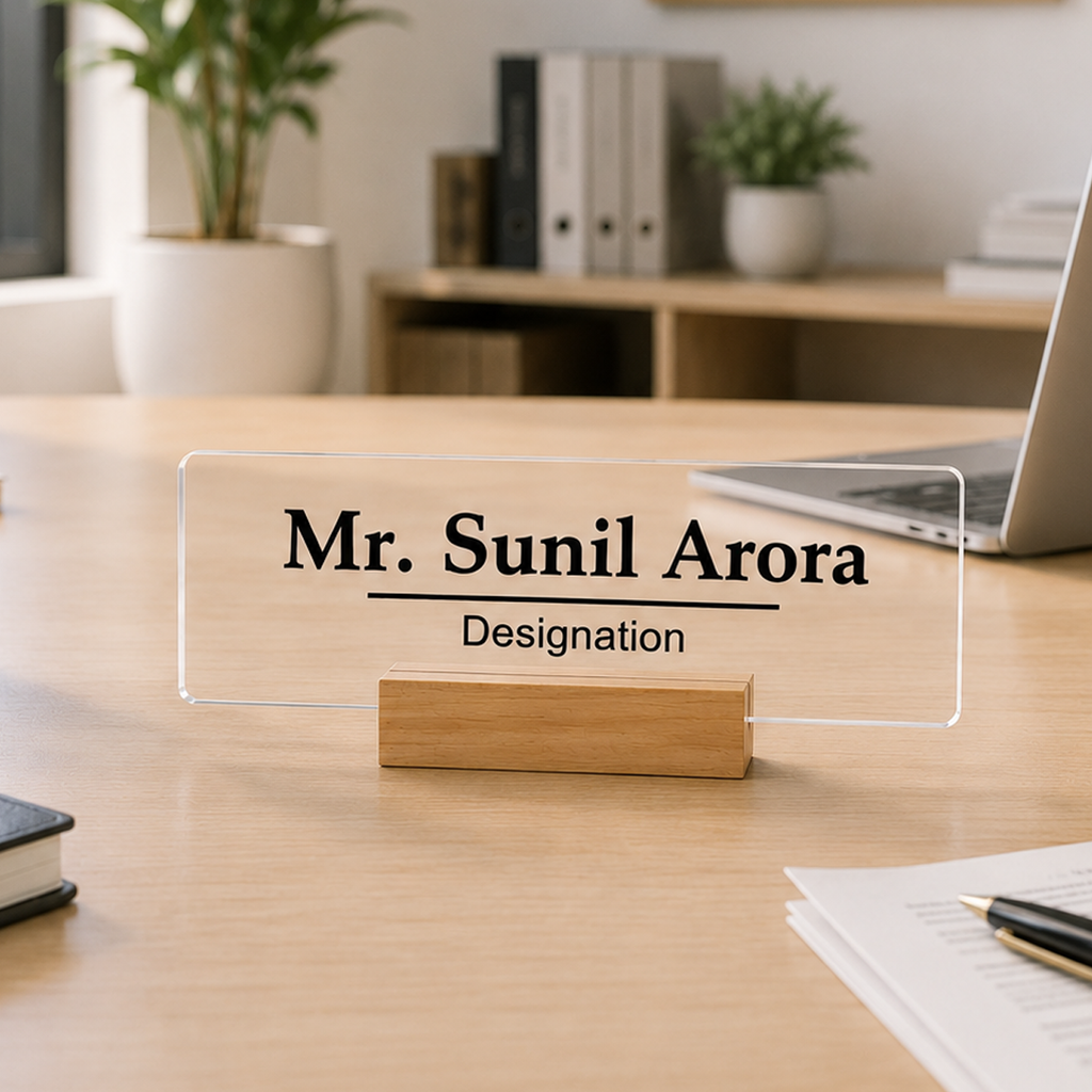 Transparent acrylic desk name plate with printed name and designation, wooden stand