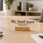 Transparent acrylic desk name plate with printed name and designation, wooden stand
