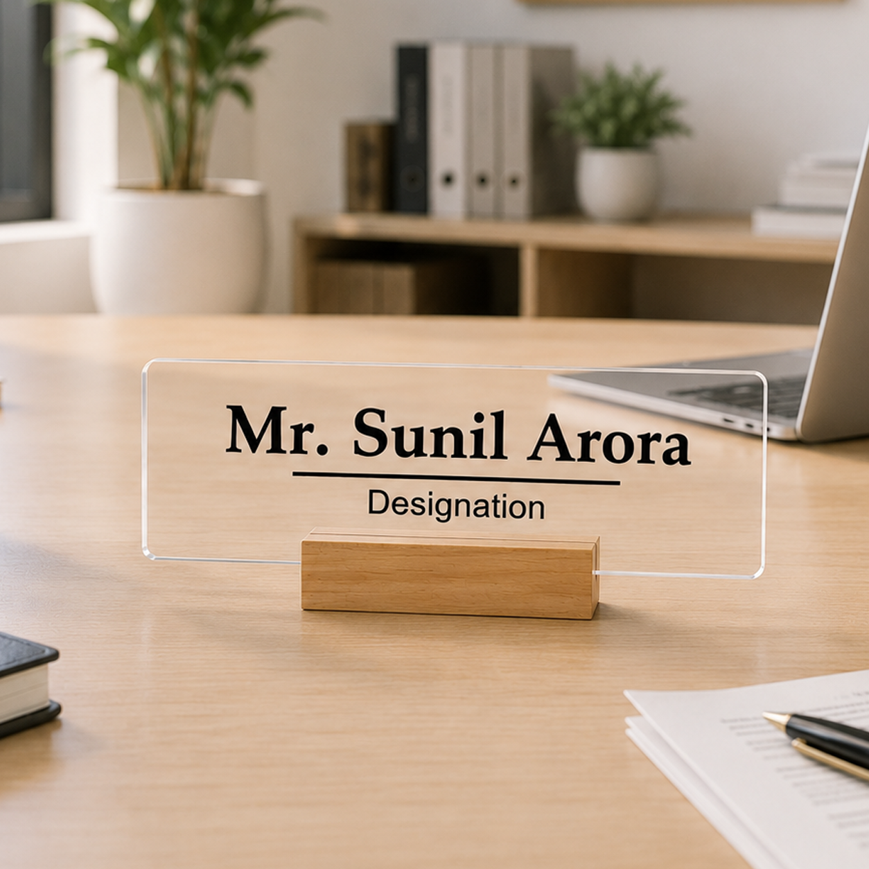 Transparent acrylic desk name plate with printed name and designation, wooden stand
