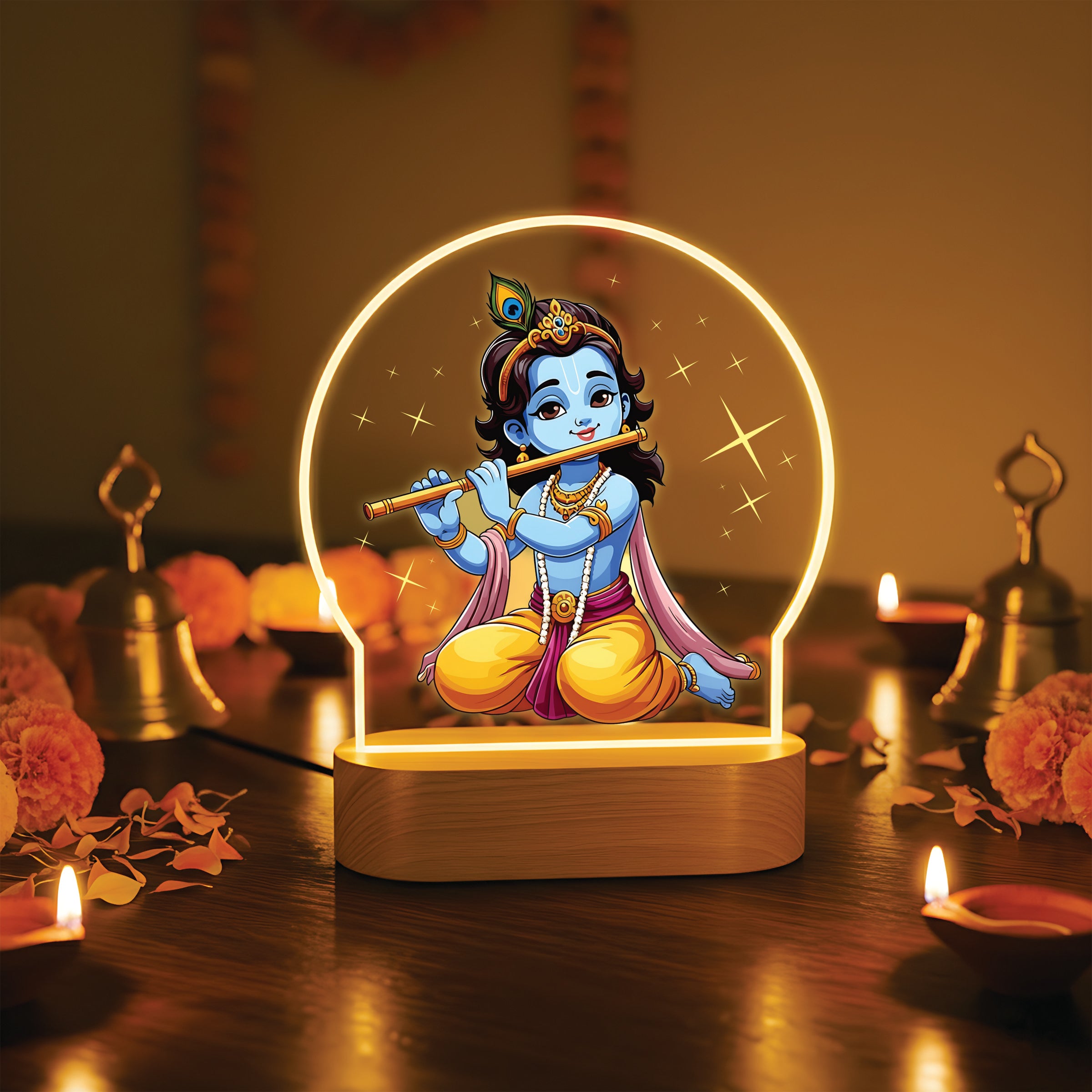 Sitting Bal Krishna Flute LED Lamp - Krishna with Flute
