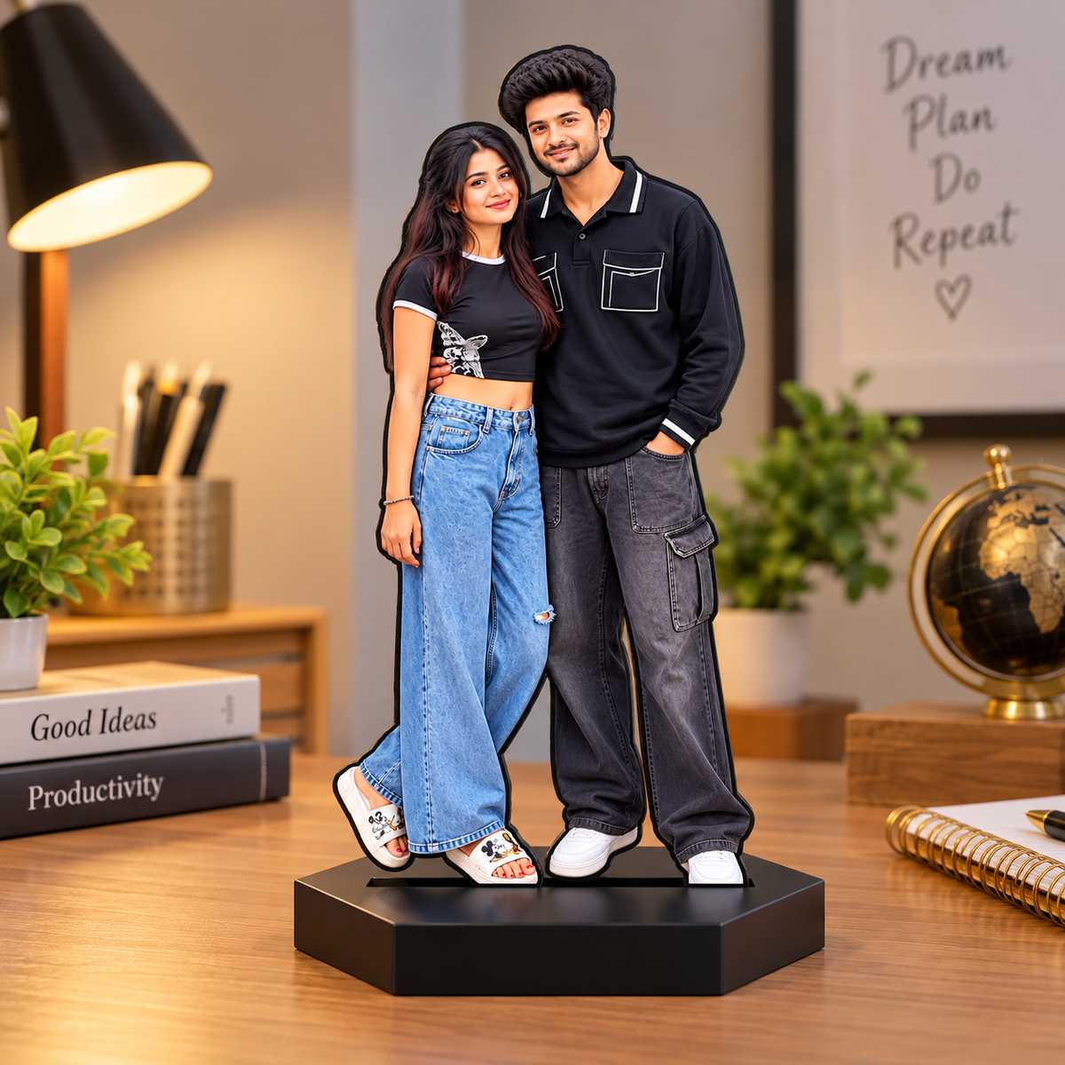 Personalized couple photo caricature display figurine on matte black base