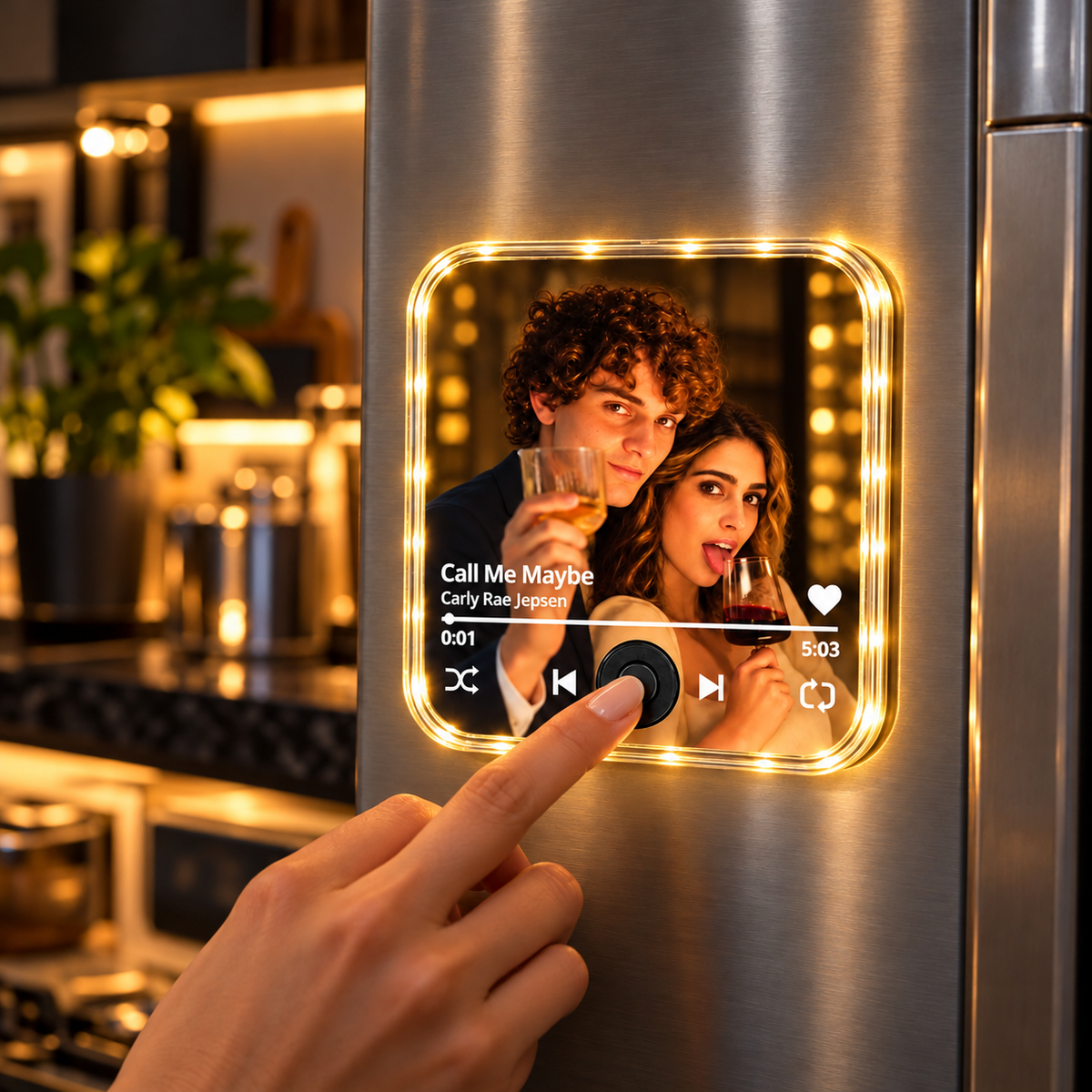 Hand placing LED photo fridge magnet on stainless refrigerator, couple photo with controls