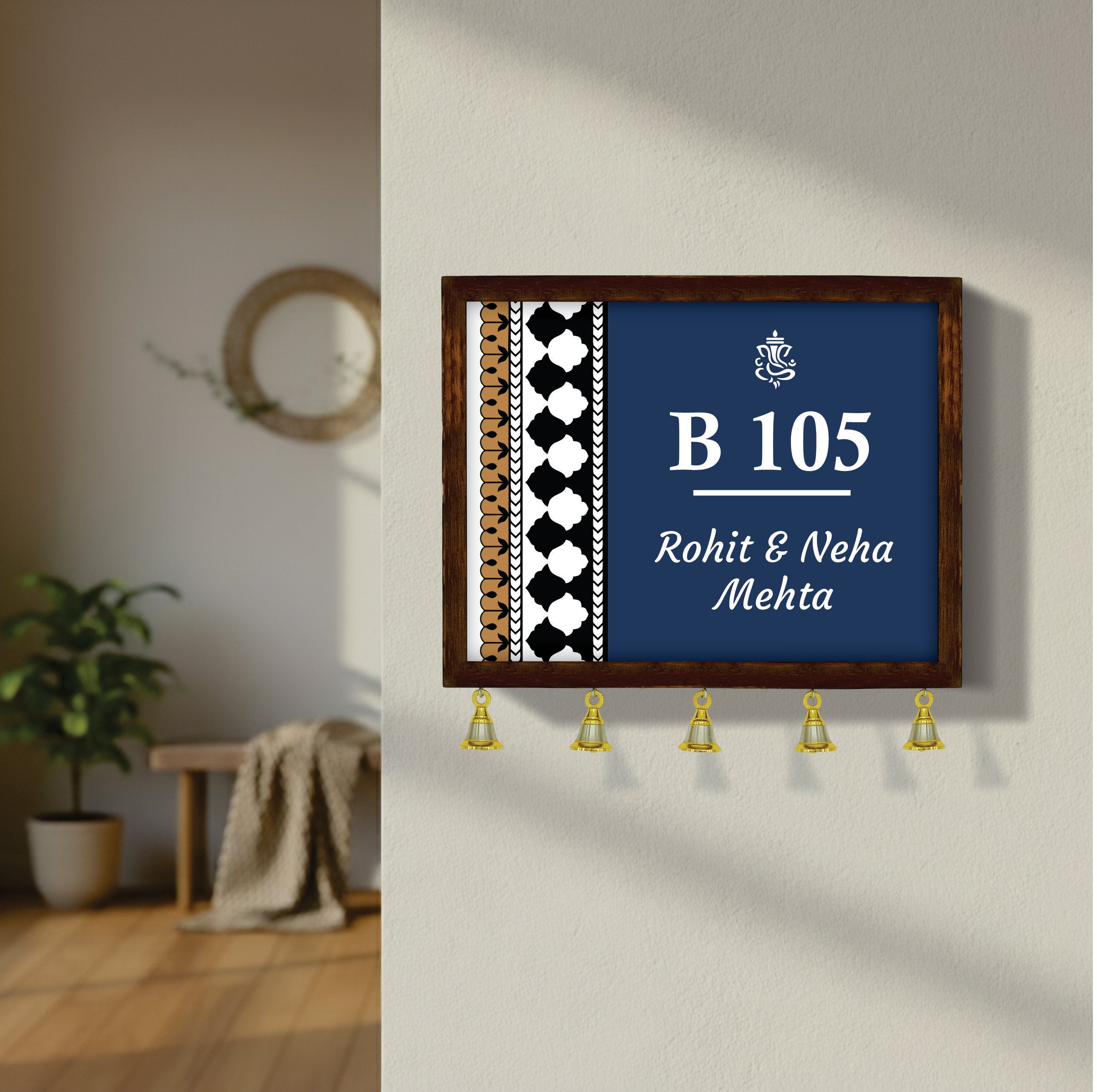 Personalized Wooden Couple Name Plate with Bells | Custom Home Entrance Board | Traditional Wall Décor (Copy)