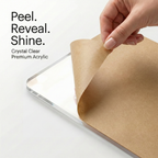 Clear acrylic photo frame sheet with protective backing being peeled away