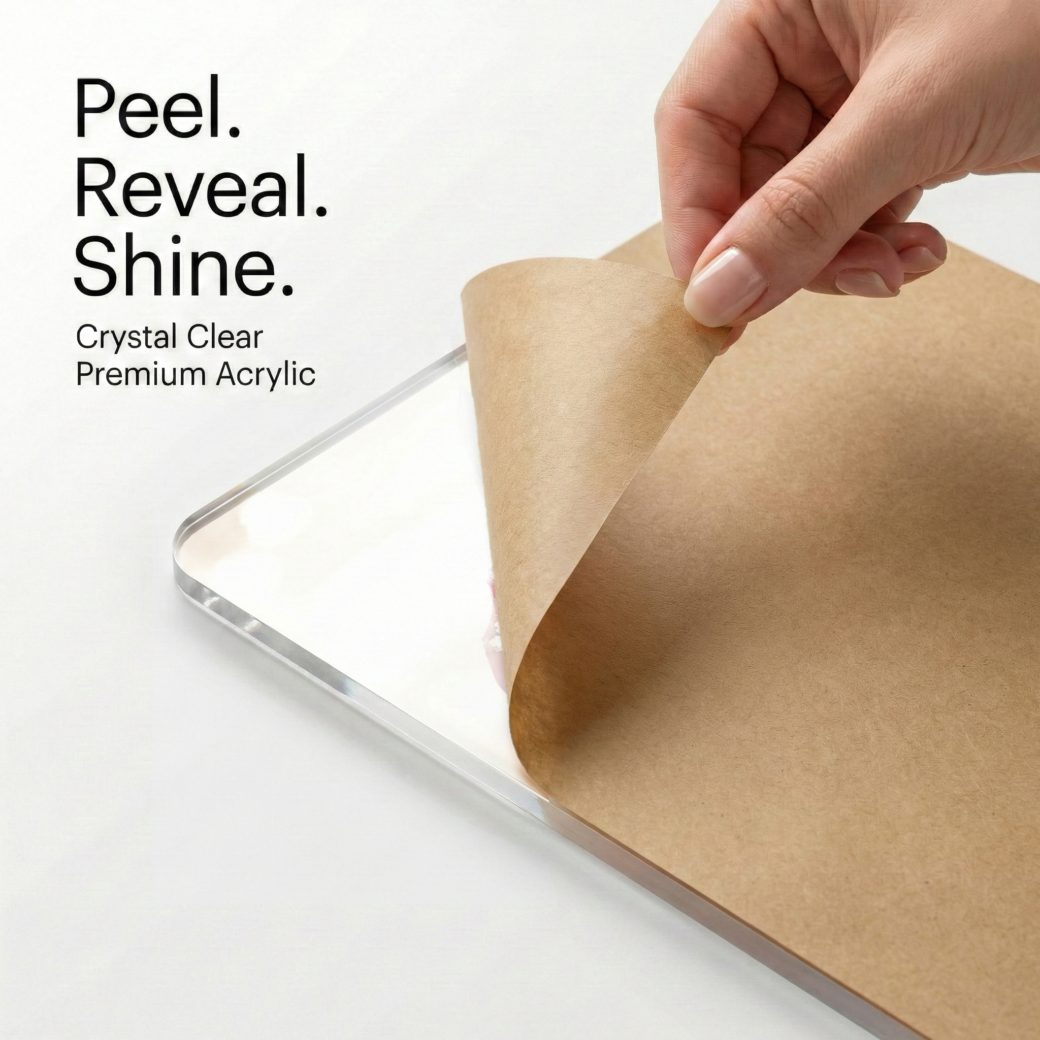 Clear acrylic photo frame sheet with protective backing being peeled away