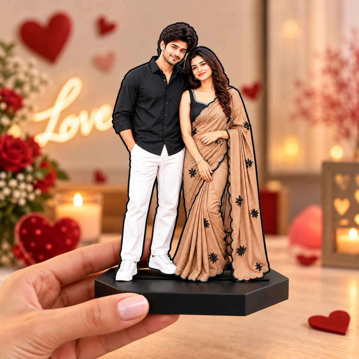Personalized couple photo caricature display figurine on black base, held in hand