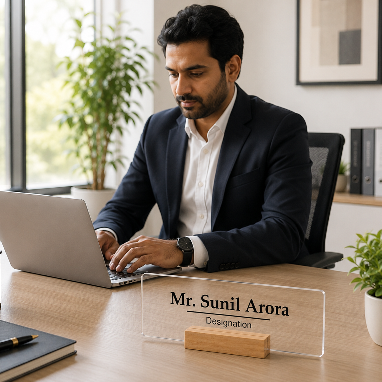 Transparent acrylic desk name plate with printed name and designation, wooden stand