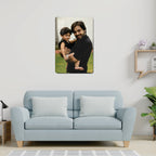 Crystal clear acrylic wall photo frame featuring a couple holding a baby portrait.