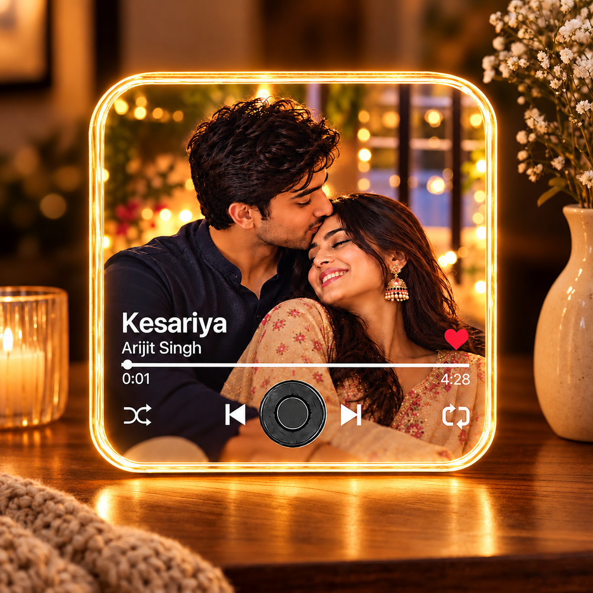 LED photo fridge magnet showing couple portrait, heart icon and music playback controls