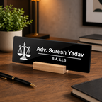 Black acrylic desk plate with scales icon: Adv. Suresh Yadav, B.A. LLB