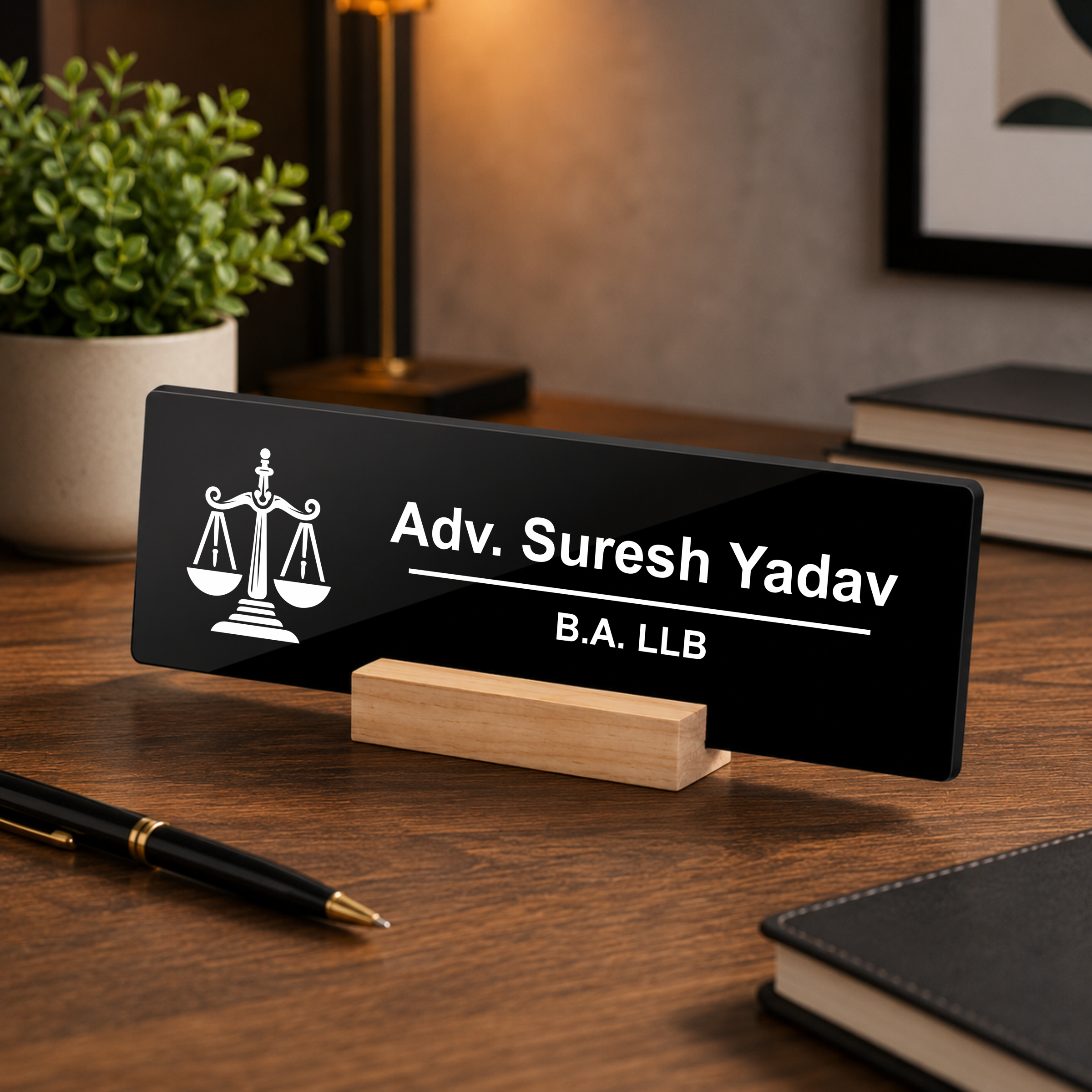 Black acrylic desk plate with scales icon: Adv. Suresh Yadav, B.A. LLB
