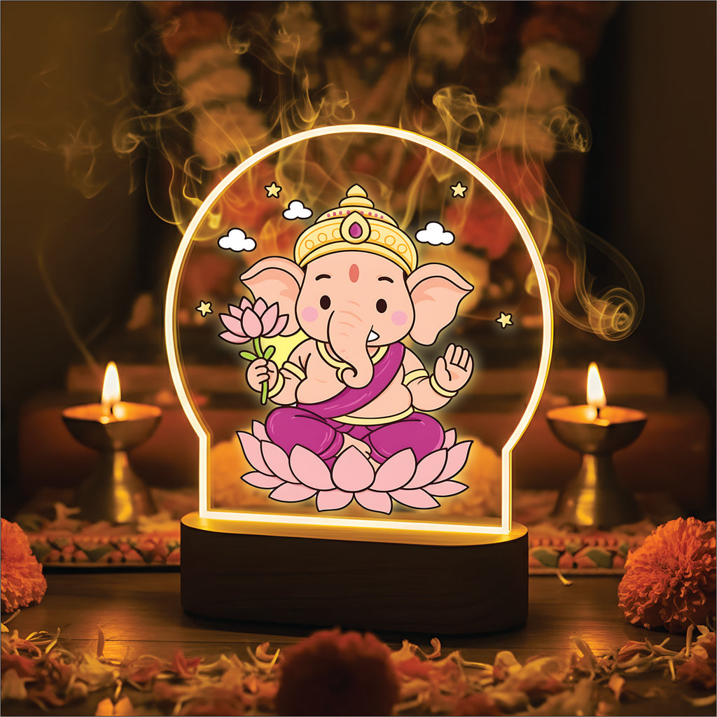 Lord Ganesha LED Table Lamp - Pink Lotus Sitting Ganesha
