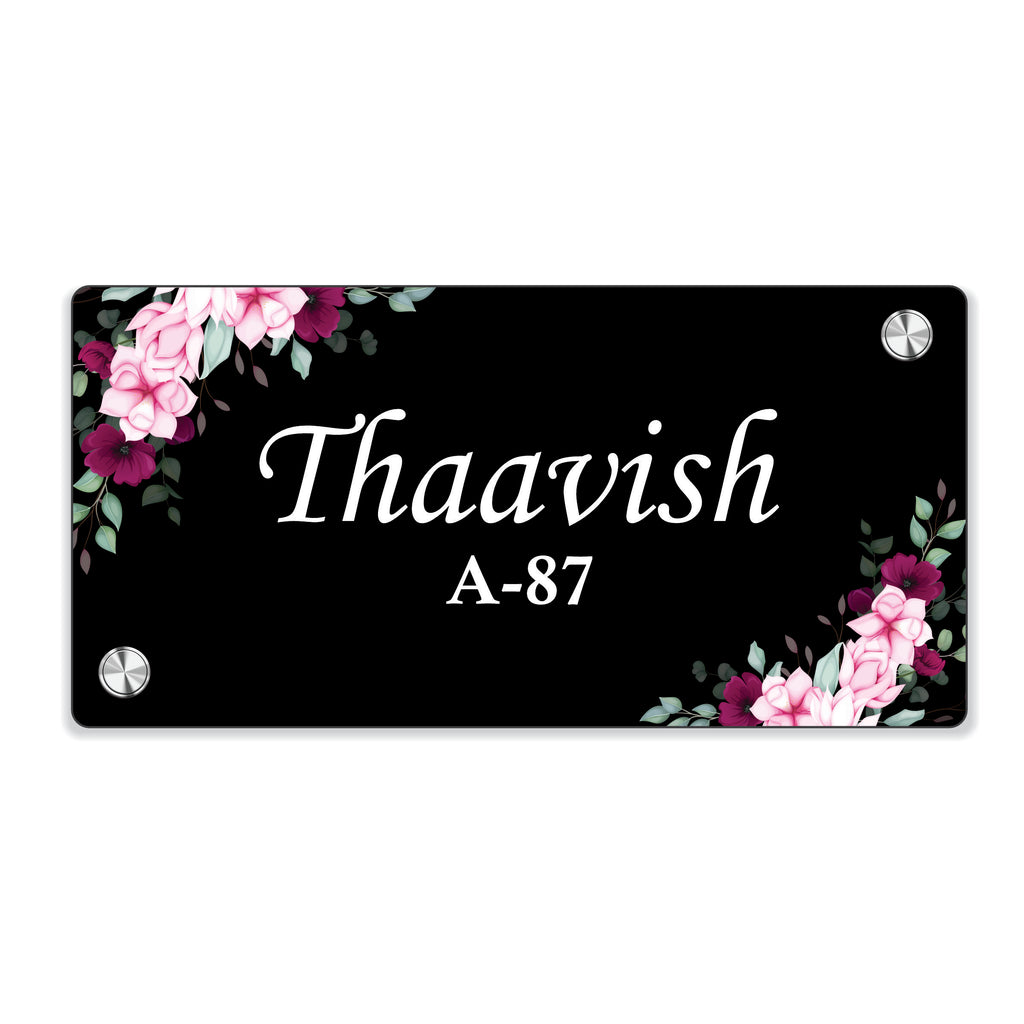 Black door name plate with pink floral corners and name "Thaavish" B-87